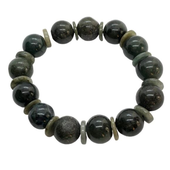 Natural Gemstone Bead Bracelet - Dark Green Chrysoprase Beads Stretch Bracelet - Picture 1 of 7